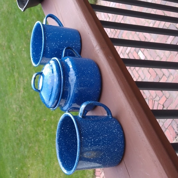 Other - Blue Enamelware 2 cups and sugar dish with lid